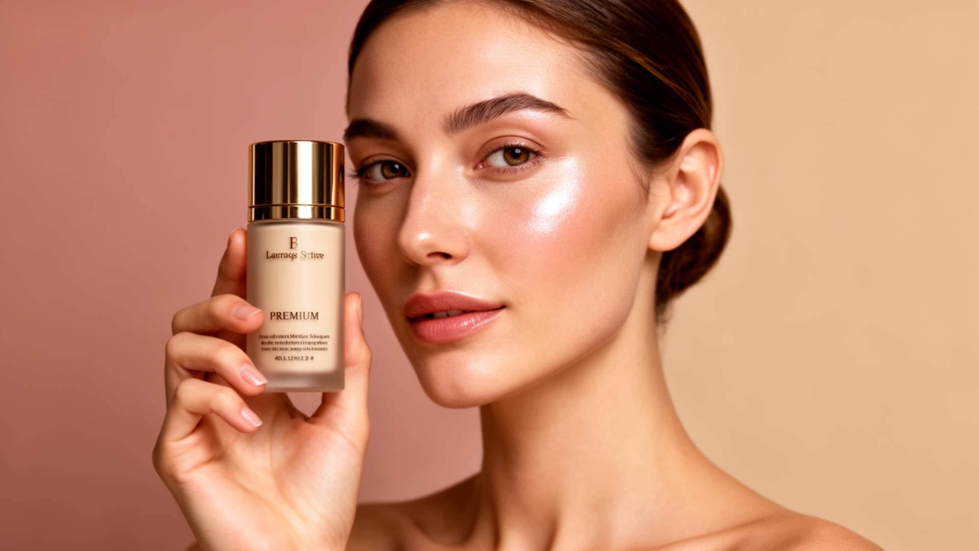 Luxury beauty model holding premium skincare bottle